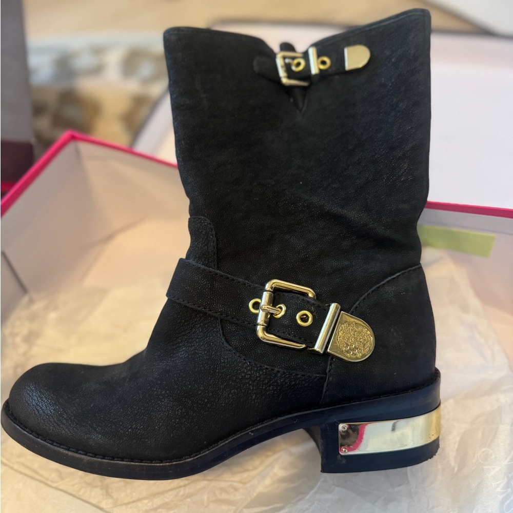 Vince Camuto Black Moto Boots with Gold Buckles